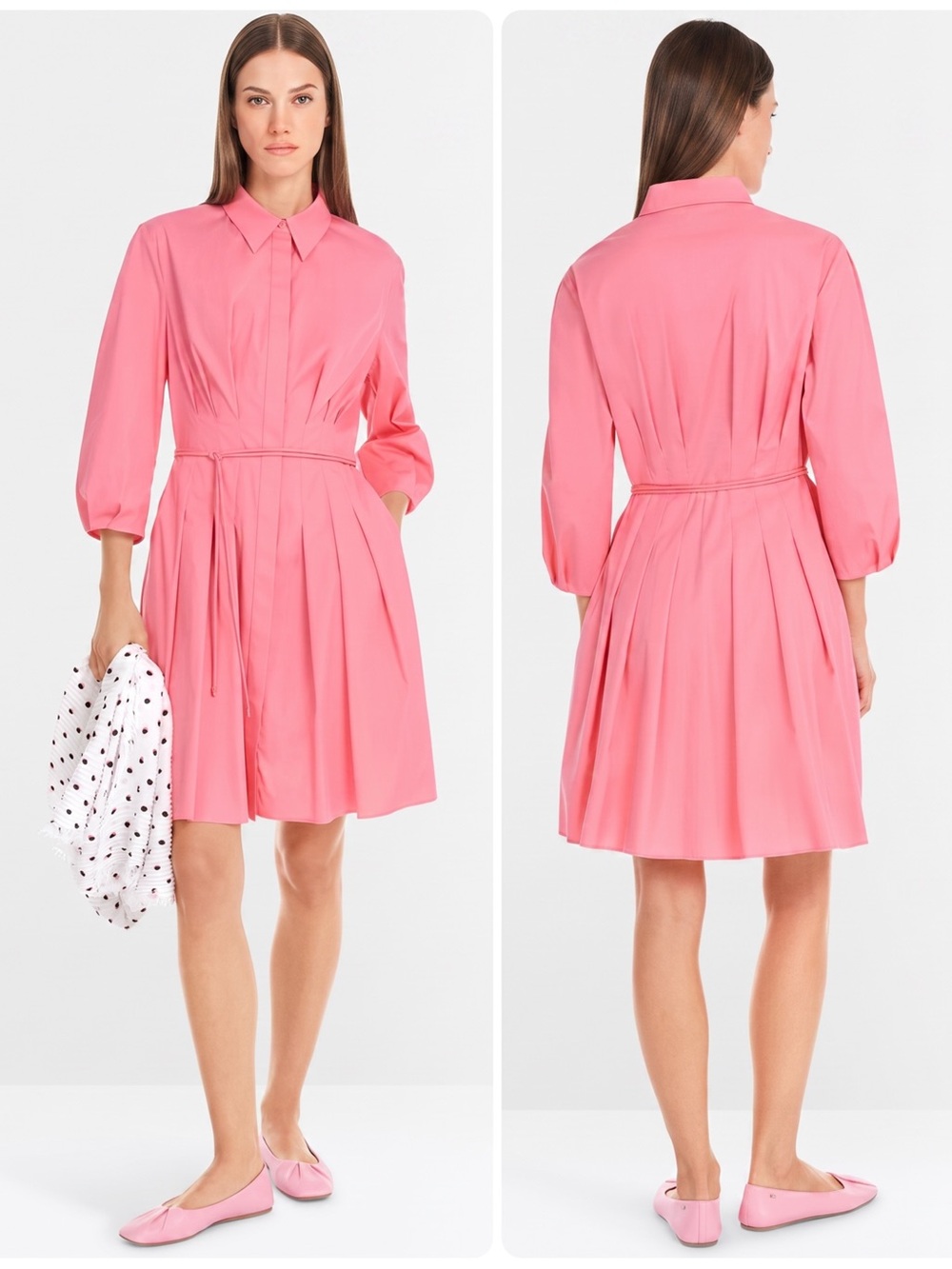 Marc Cain Cotton Candy-Pink Tie-Waist Collared Pleated Shirt Dress NWT $415